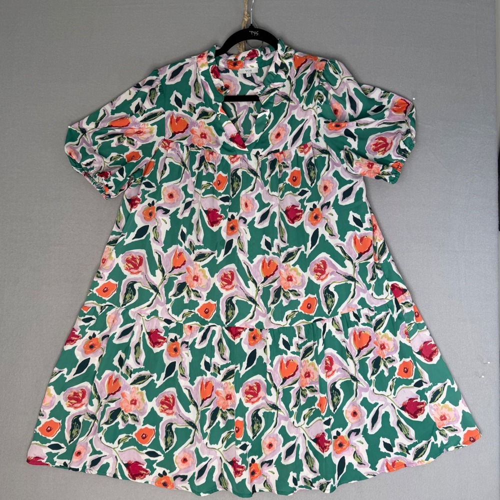 VOY Women's Green Floral Tiered Short Sleeve V Neck Casual Dress Size L